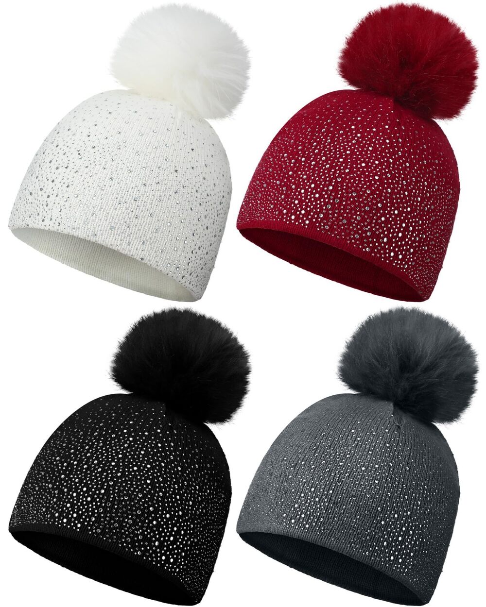 8429 4 Pcs Slouchy Beanie Hat with Faux Fur Pompom Warm Soft Rhinestone